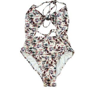 Sam Edelman Safari Animals One-Piece Swimsuit • XS •Halter Tie Cutout Pool Party